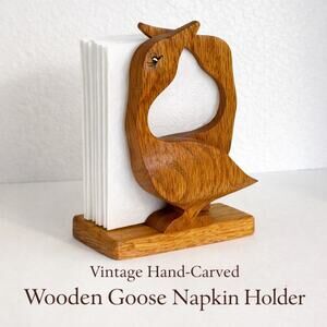 Vintage Hand-Carved Wooden Goose Napkin Holder | Folk Art Bird Sculpture Rustic